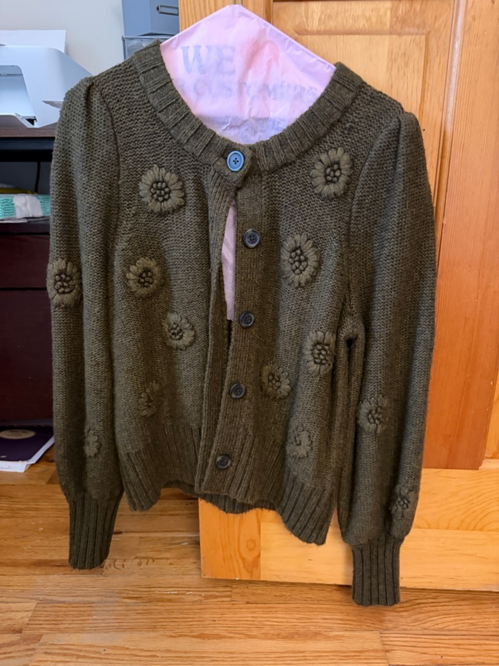 Madewell Olive Green Floral Appliqué Button Cardigan